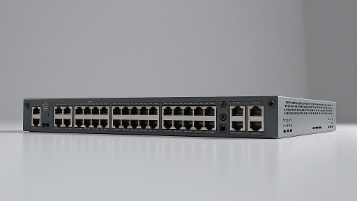 Ethernet switch PCB with multiple RJ45 ports, gigabit ethernet controllers, network switching ASICs, enterprise networking equipment board