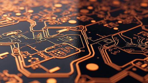 Close-up view of HDI PCB with detailed microvia structures, fine line widths, pad arrays, and high-density interconnect patterns, showing advanced PCB manufacturing precision