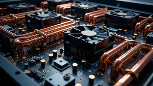 Thick copper PCB with heavy copper traces, thermal vias, heatsink mounting areas, power electronics cooling solution, high-current capacity circuit board